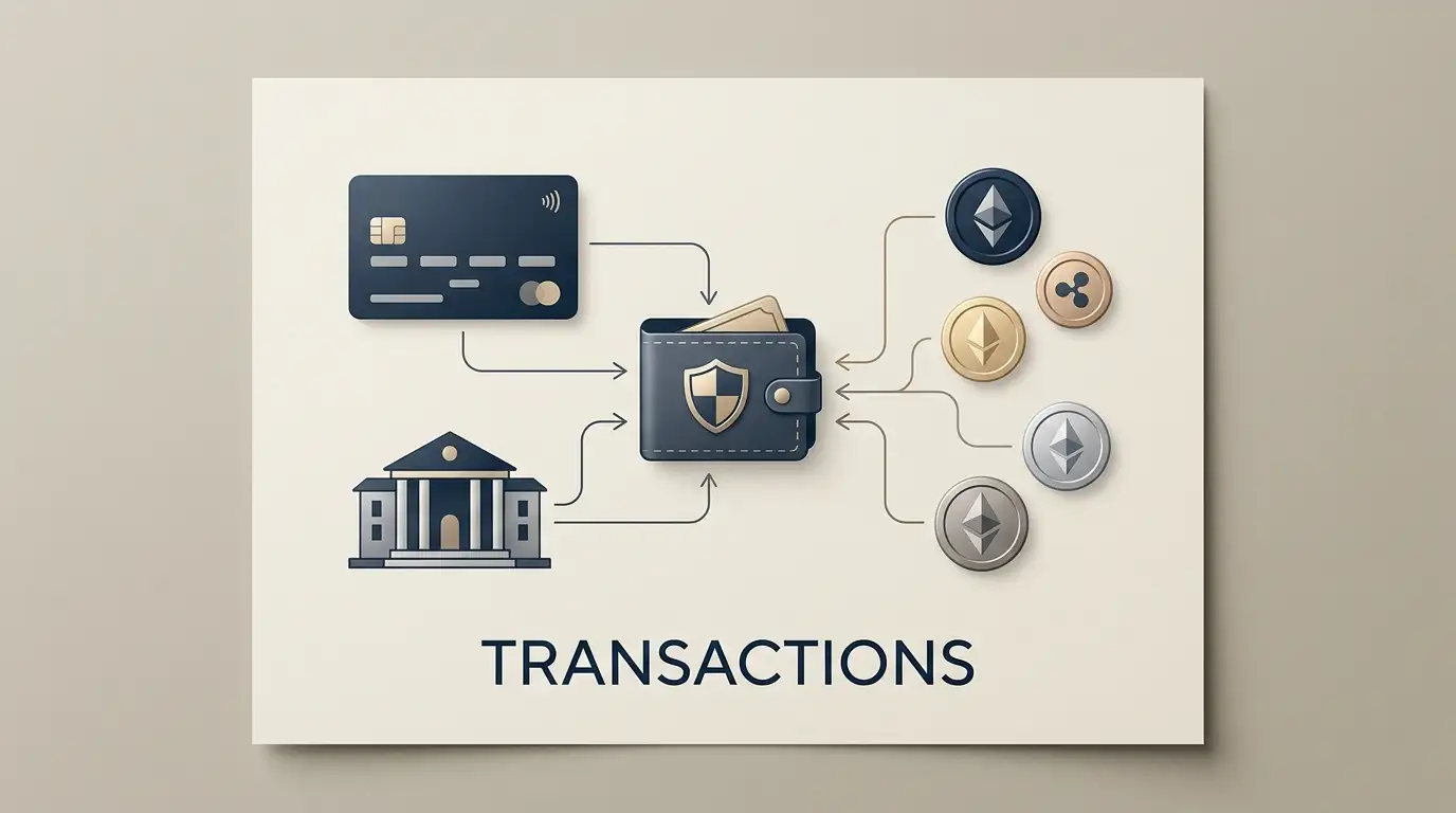 Concept illustration of card, bank and cryptocurrency payment routes without provider logos