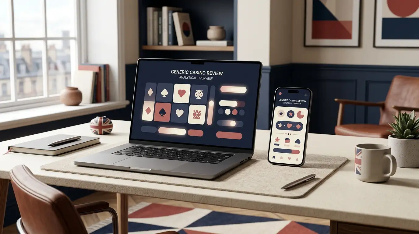 Concept illustration of online casino play on a laptop and phone with subtle UK visual cues