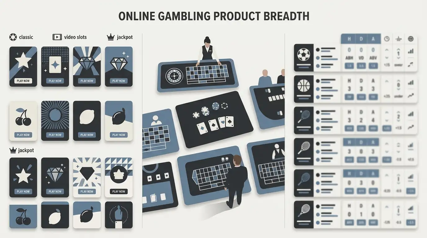 Editorial comparison board showing casino games, a live dealer table and sportsbook categories