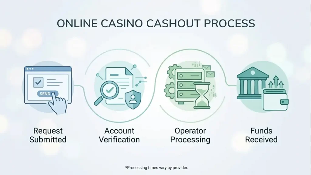 Four-stage cashout sequence showing request, verification, processing and received states