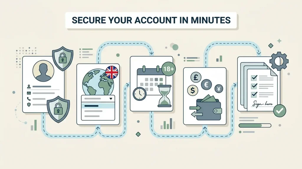 Generic online account signup concept with age check, country selection and terms checklist