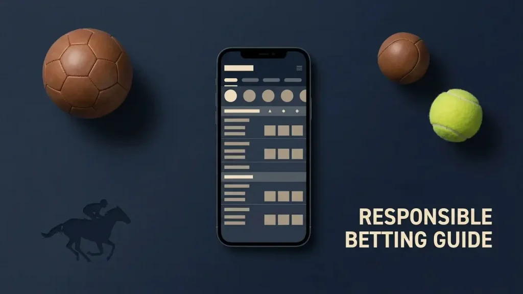 Generic sportsbook concept with a phone odds board beside football, tennis and racing symbols