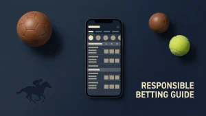 Generic sportsbook concept with a phone odds board beside football, tennis and racing symbols
