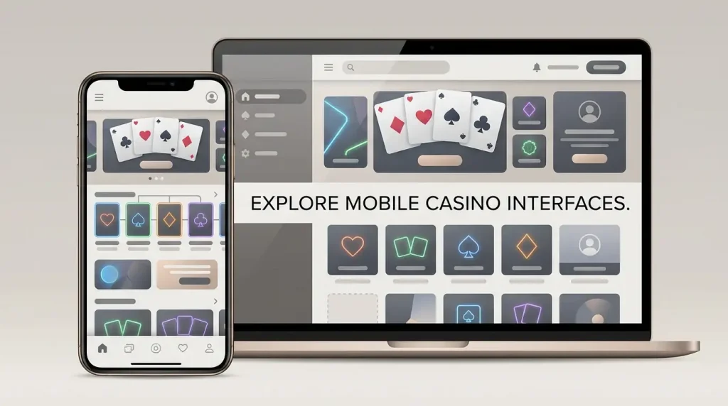 Illustration of a smartphone and laptop showing a generic mobile casino interface concept