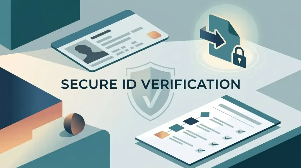 Illustration of identity verification with an ID card silhouette, secure document upload and checklist