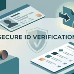 Illustration of identity verification with an ID card silhouette, secure document upload and checklist