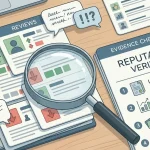 Illustration of review cards, speech bubbles and an evidence checklist for analysing casino reputation