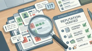 Illustration of review cards, speech bubbles and an evidence checklist for analysing casino reputation