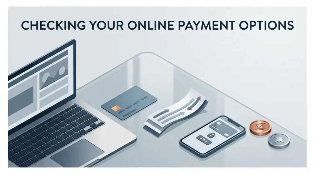 Neutral online payment concept with bank card, transfer, digital wallet and cryptocurrency symbols