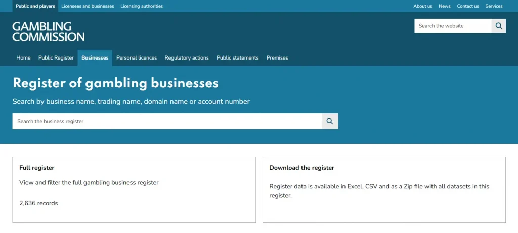 UK Gambling Commission public business register view used to check Kingshill licensing